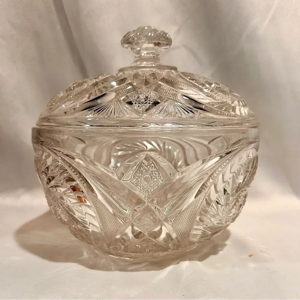 Vintage Pressed Glass Lidded Bowl Pinwheel Star Design